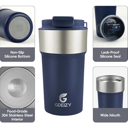 Image of Insulated Travel Coffee Mug, 17oz Stainless Steel Leakproof Flip Straw Cup