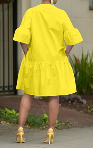 Image of Choichic Button Down Shirt Dresses for Women with Pockets Flare Bell Sleeve A-Line Midi Tunic Dress