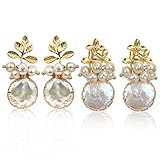 ELEXIS Gold Big Baroque Pearl Earrings Set For Women Dangle Handmade Trendy Wedding White Real Fresh