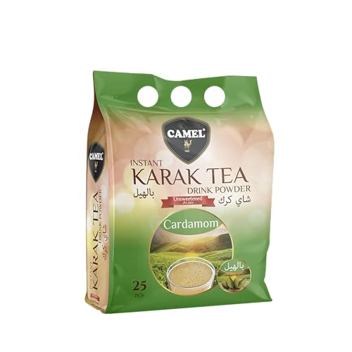Camel Karak Tea Unsweetened Variety Pack – Original, Cardamom & Saffron | No Sugar | 25 Instant Sachets x 14g | Authentic Middle Eastern Karak Chai (Cardamom)