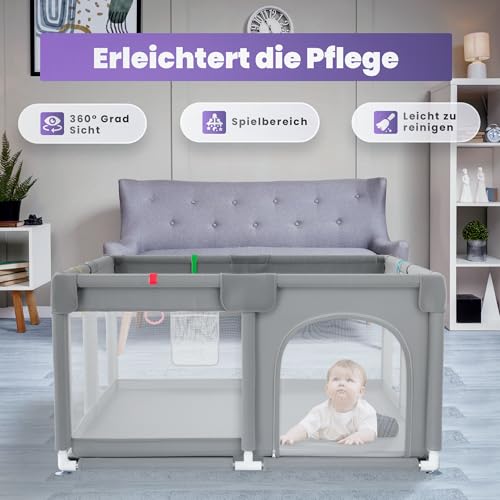 JUPPLIES Laufstall Baby 120×120 cm – Laufgitter mit seitlicher Tür & atmungsaktivem Netz, rutschfest und stabil, Metallrahmen – ohne Spielmatte