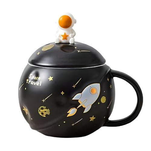 Image of NOSCOMP Astronaut Coffee Mug with Lid & Spoon| Embossed Planet Mug | Space Mug, Ceramic, 3D Creative Astronaut Universe Planet | Leak Proof | Portable (Astronaut-Brown, Capacity- 400 ML)