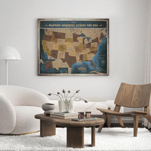 Image of DECORARTS - Deep Blue Vintage USA Travel Map Canvas with Pins, US Map for Travel, for Living Room or Office, Ready to Hang, 35x28''