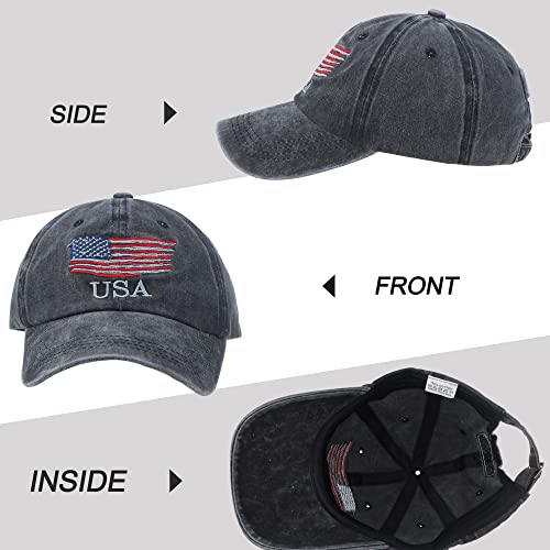 American Flag Hat, Vintage Distressed Cotton Dad Hat Baseball Cap Usa Adjustable Patriotic Hat For Men Women Black #TOP3