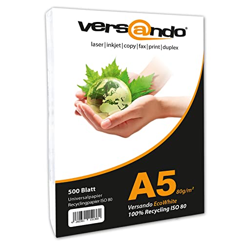 versando 500 Blatt Recyclingpapier DIN A5 EcoWhite 80g Kopierpapier Druckerpapier Öko Umweltpapier (148 x 210 mm)