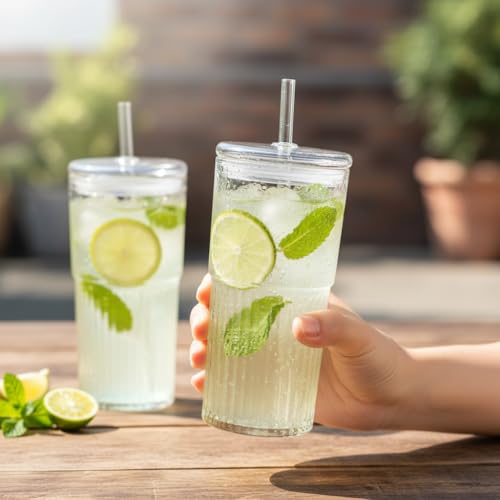 Image of ginoya brothers 600ml Glass Mason Tumbler with Lid and Straw - Leakproof Reusable Drinking Cup for Juice, Smoothies, Iced Coffee, Tea, Cold Beverages. (Pack of 1)