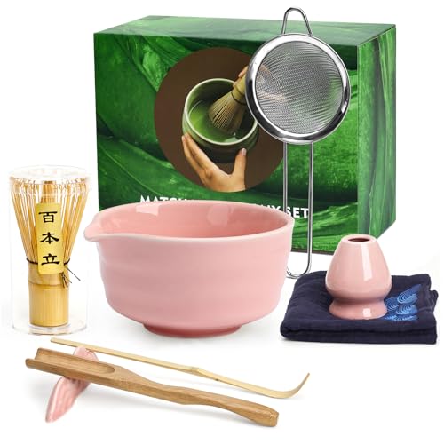 8 Stück Matcha Set Rosa, Macha Tea Set mit Matcha Besen/Whisk/Chasen, Edelstahlsieb, Keramik Matcha Schale, 2 Löffel, Besenhalter, Geschirrtuch Matcha Zubehör für Matcha-Liebhaber Adventskalender