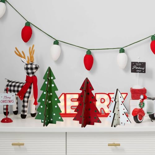 木製クリスマスツリー卓上デコレーションセット 3ピース 自立式 素朴なホリデーセンターピース 段付きトレイ クリスマス ホームデコレーション (レッド、グリーン、ホワイト-2) [5]
