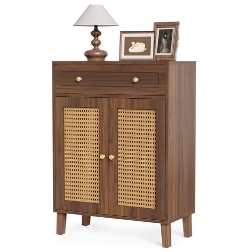 LITTLE TREE Shoe Cabinet for Entryway, 4-Tier Shoe Organizer with Adjustable Shelves & Drawer, Freestanding Brown Shoe Cabinets with Rattan Doors for Hallway, Bedroom, Living Room