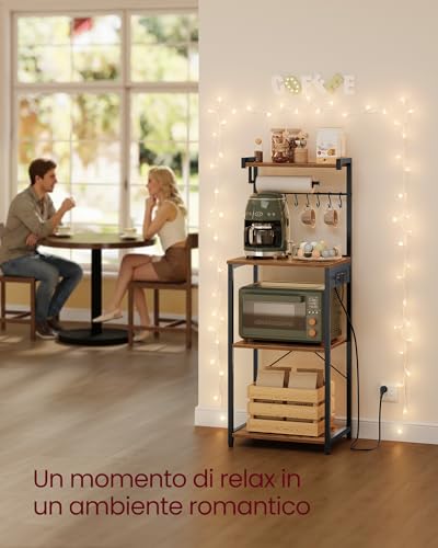 VASAGLE Scaffale da Cucina con Multipresa, Bar Caffèa 4 Ripiani con 8 Ganci a S, Ripiano Regolabile, Supporto per Microonde, 40 x 45 x 140 cm, Marrone Vintage e Nero Inchiostro KKS013KD02 - Immagine 4