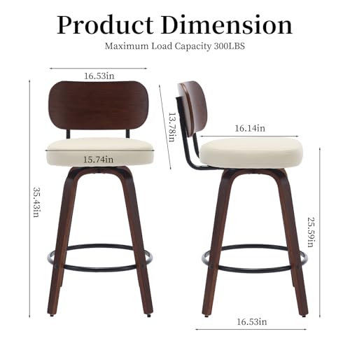 Image of Shenyon Counter Stools Set of 2, 26 inch Swivel Counter Height Bar Stools with Walnut Back,Upholstered PU Leather, Bentwood Legs, Mid Century Modern Bar Chairs for Kitchen Island, Beige