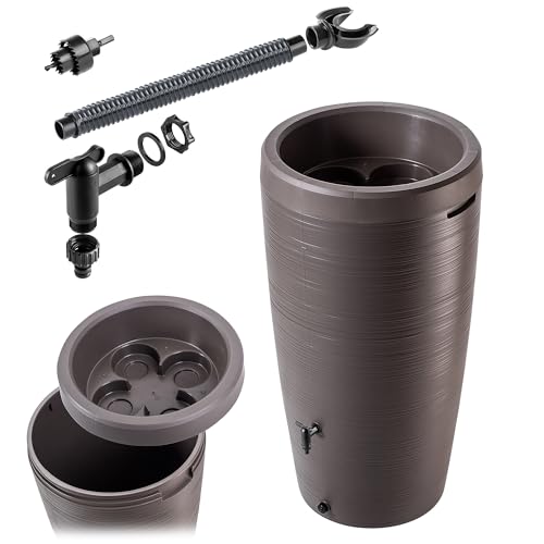 KADAX Regentonne mit im Deckel integrierter Pflanzschale 240 L, Regenfass aus Kunststoff, Regenwasserbehälter mit Wasserhahn, Frostsicher Regentank (Braun)