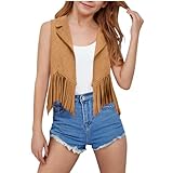 NZYIHAO Kinder Mädchen Jungen Cowboy Weste Kurz Wildleder Cowboyweste Jacke Lederweste mit Fransen Cosplay Outfit Fasching Oktoberfest Karneval Kostüm