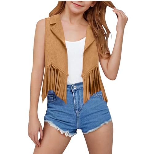 wodceeke Cropped Fringe Vest for Boys Girls Kids Western Cowgirl Suede Tassels Vest 70s Hippie Sleeveless Cardigan Waistcoat