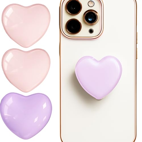 3PCS Phone Grip, Heart Shaped Phone Holder with Stand, Cute Accessories for Girls, Light Pink and Purple, Anti-Slip Grip for Smartphones