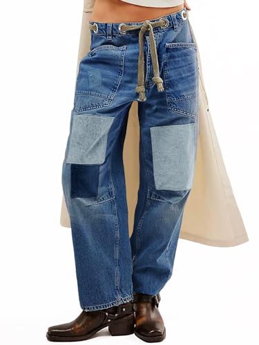 PLNOTME Womens Baggy Barrel Horseshoe Jeans Wide Leg Patchwork Low Rise Denim Pants with Pockets4