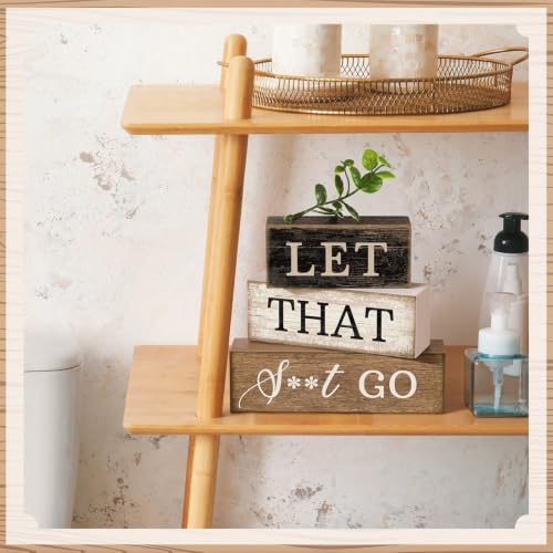 Image of Moucuny 4 Pcs Bathroom Shelf Decor Sign Farmhouse Bathroom Decor and Accessories Rustic Eucalyptus Leaves Wood Block Sign Gift Let That Shit Go Funny Farmhouse Table Centerpiece for Home Office Toilet