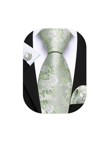 Barry.Wang Sage Green White Tie for Men Floral Silk Necktie Pocket Square Cufflinks Set Formal Business Wedding Party Prom