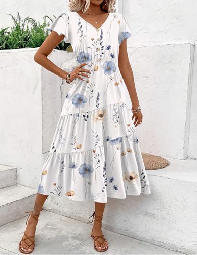 Image of Zeagoo Women's Summer Casual Dress Flutter Short Sleeve V Neck Button Down Tiered Flowy Long Dress with Pockets