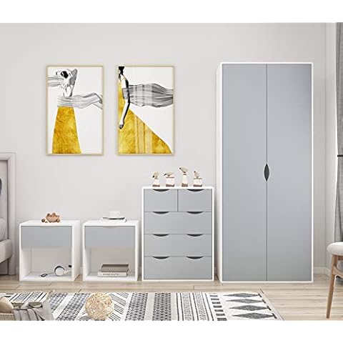 AFN Home Delvito 4 Piece Bedroom Furniture Set - Includes Wardrobe, 5 Drawer Chest, Bedside Cabinet (Grey on White) Cover