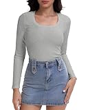 MISIFI Womens Long Sleeve T Shirt Scoop Neck Ribbed Knit Shirts Skinny Fitted Casual Basic Tops Grey