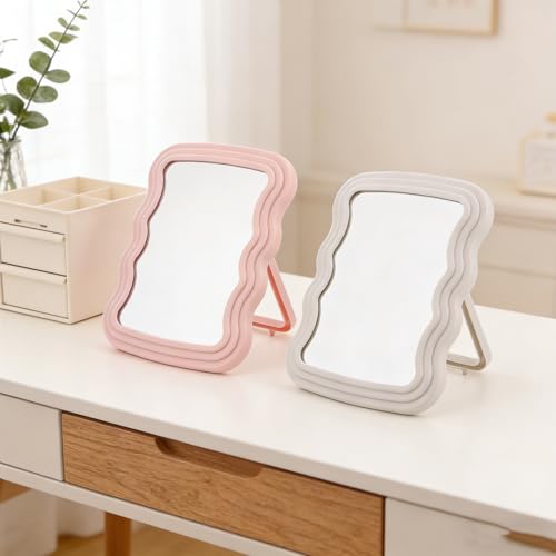Miroir de maquillage pliable à design ondulé et support de bureau portable - 8