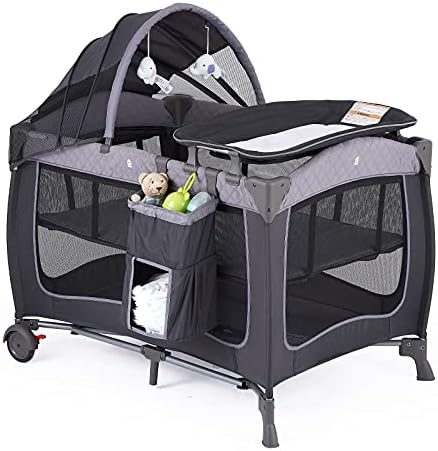 Pamo Babe Portable Baby Nursery Center Baby Playard, Foldable Baby Crib with Changing Table & Wheels(Grey)