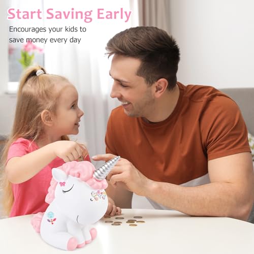 Briuhap Einhorn Spardose Kinder, Rosa Sparschwein Mädchen mit DIY Buchstaben- und Glitzerstickern, Münzbank zum Sparen Lernen