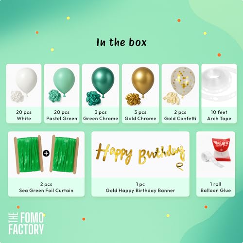 Image of The FOMO Factory 53 Pcs Pastel Green Birthday Decoration Kit | Metallic Confetti Balloon Arch + Large Pastel Green Curtain + HBD Banner | Easy Birthday Decoration, DIY Kids Party Prop (Green53)