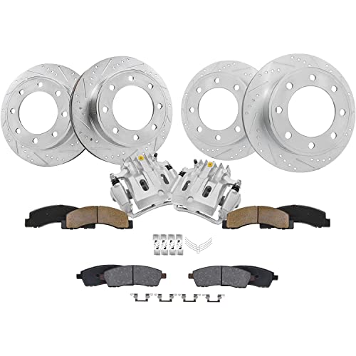 Image of Detroit Axle - 4WD Brake Kit for Ford 00-05 Excursion, 00-04 F-250 F-350 Super Duty, Drilled Brake Rotors Ceramic Brake Pads Rear Brake Calipers Replacement [13.03 inch Front & 12.83 inch Rear Rotors]
