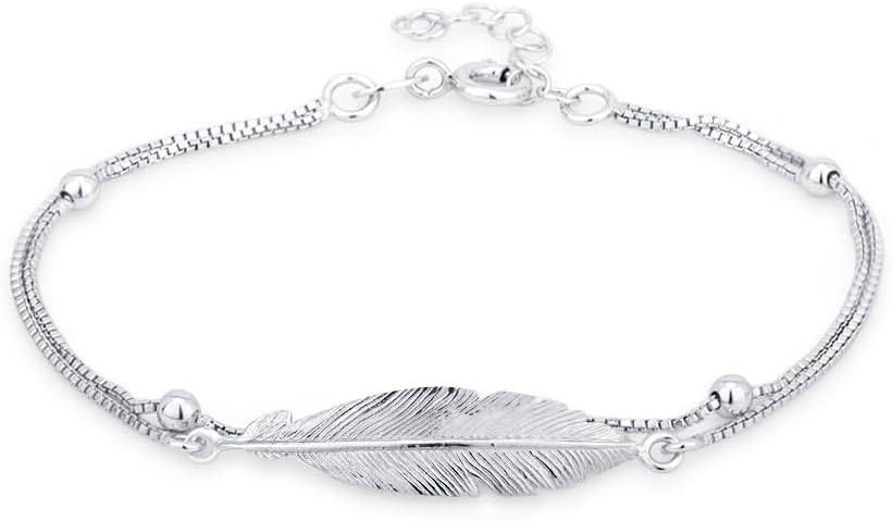 Vanbelle Sterling Silver Jewelry - Rhodium Plated with 925 Stamp - Double Layered Feather Charm Bracelet - Elegant handcrafted for Women - 6.5" long + 1" extender