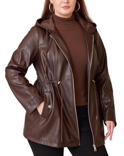 Image of WYOYW Women Faux Leather Jacket Plus Size Hooded Long Coat PU Motorcycle Moto Biker Jacket With Drawstring Brown 4X