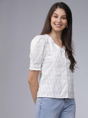 Image of Tokyo Talkies Women's Short Sleeves V-Neck Embroidered Tops| Stylish Casual wear