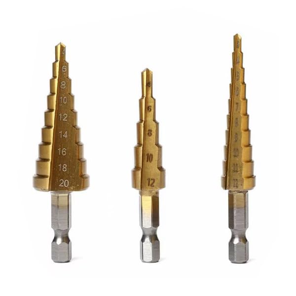 Bearing Steel Step Drill Bit - Titanium Coated, High Precision for Metal, Wood & Plastic, Sizes 3-12mm 4-12mm 4-20mm, 3pcs Set, DIY & Pro Use
