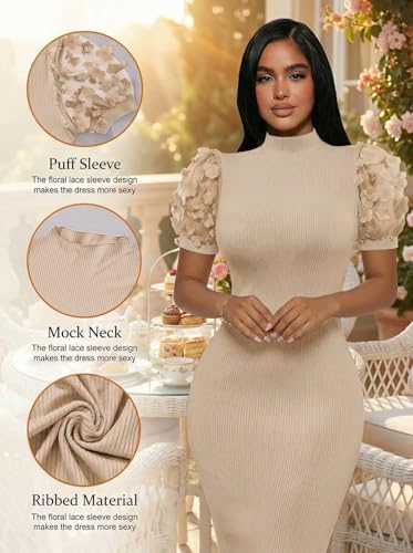 Image of Annystore Women's Mesh See Through Sheer Dress Short Puff Sleeve Bodycon Dress Mock Neck Sexy Club Party Midi Dress Clubwear