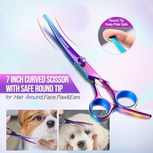 Image of Gimars Dog Grooming Scissors Kit Professional 4CR with Safety Round Tip, 5 in 1 Heavy Duty Titanium Coated Thinning & Curved & Straight Shears