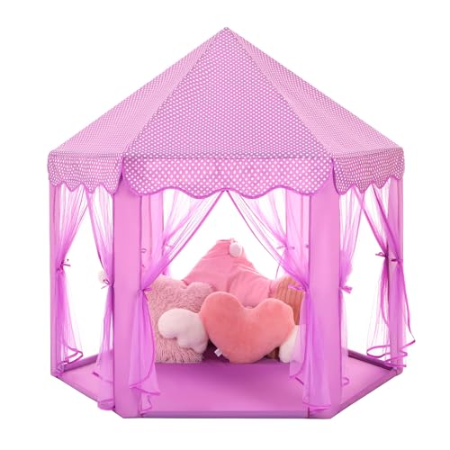 Image of Monobeach Princess Tent Girls Large Playhouse Kids Castle Play Tent with Star Lights Gift Toy for Children Indoor and Outdoor Games, 55'' x 53'' (DxH) (Purple)