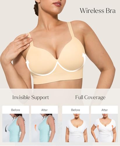Image of Popilush Bras for Women No Underwire Seamless Wireless Support Bra Full Coverage Comfort T Shirt Bralette