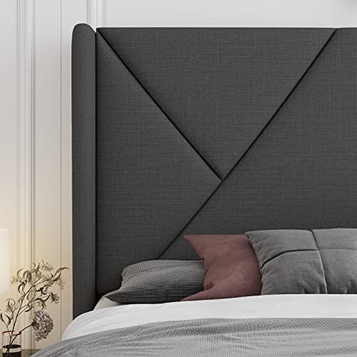 Feonase Full Platform Bed Frame With Wingback Headboard, Geometric Upholstered Heavy Duty Bed Frame With Solid Wood Slats, No Box Spring Needed, Easy Assembly, Noise-Free, Dark Gray #TOP4