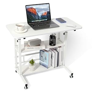 BYMECOST Adjustable Height Student Computer Desk, Mobile Portable Laptop Table for Home Office, 31.5″ Small Spaces Standing Desk with Storage for Bedside Study Work Game on Wheels