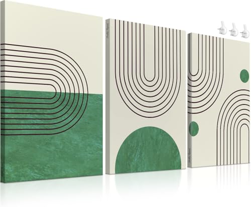 Green Boho Wall Art Set of 3 Mid Century Modern Wall Decor, Boho Art Wall Canvas, Bohemian Wall Decor, Boho Canvas Wall Art Bedroom, Minimalist Boho Art Wall Decor (3 Piece Wall Art 12"x16" Green)