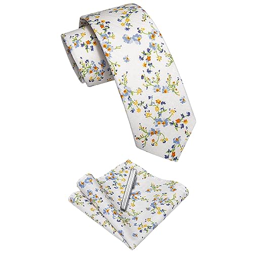 Image of YourTies Cotton Floral Tie for Men 2.5 inch Printed Skinny Necktie Pocket Square Tie Clip Set Flower Wedding Party Groom