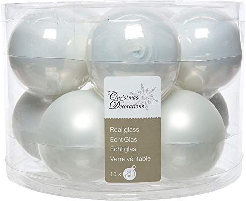 10 Real Glass Christmas Tree Baubles Winter White 6cm Decorative Hanging Tree Ornaments