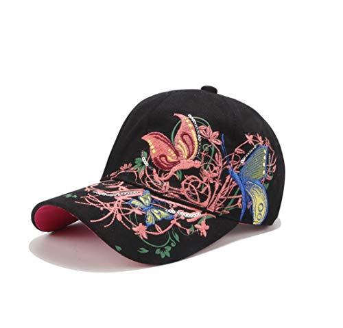 XibeiTrade Gorra de béisbol para mujer, diseño de flores de mariposa, diseño de moda, ajustable, transpirable, para mujer, Negro, M