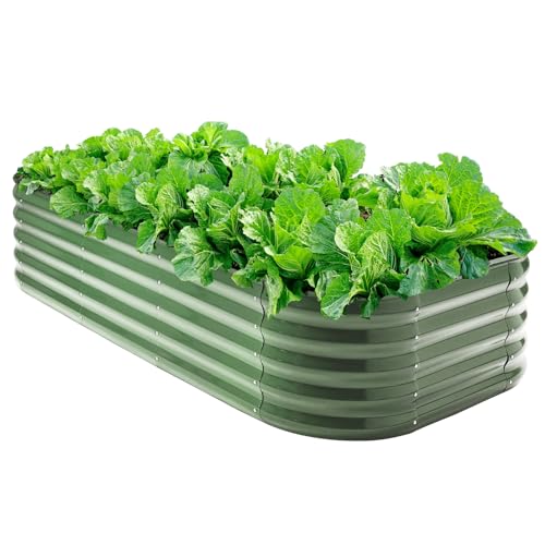 Galvanized Steel Raised Garden Bed 8x2ft Oval - 17" Tall 9-in-1 Modular Planter Box for Vegetables/Flowers, Rust-Proof Metal Outdoor Planters Rubber Edging (Green) 17" Tall Green