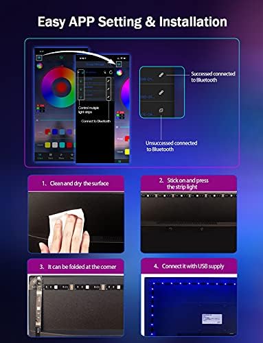 KeShu TV Backlight USB TV Led Lights 3M LED TV Backlights Led Backlights for TV Sync with Music Bluetooth App Control Dimmable Led Strip Lights for Bedroom Gaming Bookcase