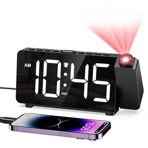 OQIMAX Reveil Projecteur Plafond, Réveil Projection, Horloge Digitale Projecteur 180° avec 4 Niveaux de Luminosité, LED 6.4, Recharge USB, 12/24H, DST, Snooze, 3 Niveaux de Volume pour Chambre Bureau