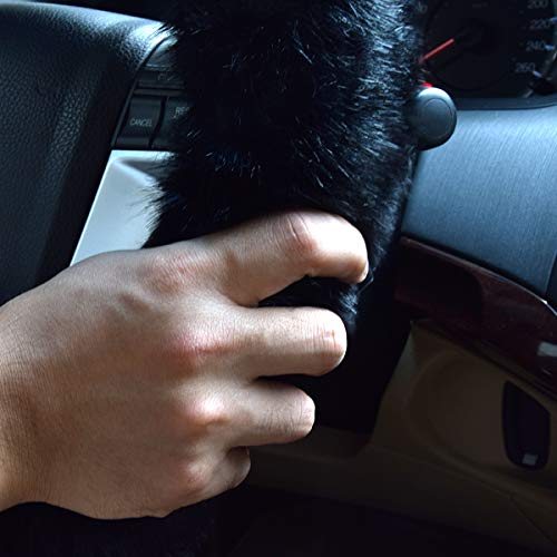 3 Pcs Steering Wheel Cover Warm Car Accessories 15 inch Soft Black Faux Wool Non-Slip Universal Steering Wheel Brake Lever Bushing, Elastic Long Microfiber Plush Steering Wheel Cover