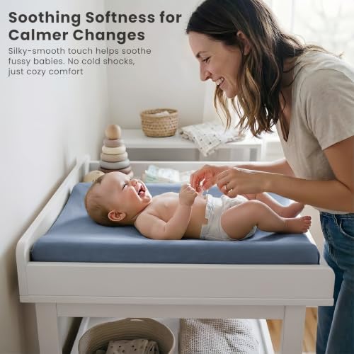 Image of Konssy 3 Pack Stretchy Changing Pad Covers, 32 inchx16 inch Changing Table Sheets | Silky Soft & Breathable Fabric, 360 Full Elastic Fit, Floral Printed & Solid Designs, for Baby Girls & Boys (Blue Moon)