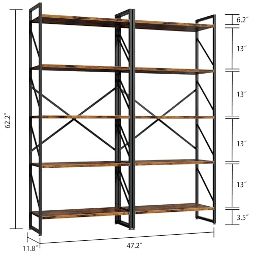 Shintenchi 2 Pieces 5 Tiers Bookshelf, Classically Tall Bookcase Shelf, Industrial Book Rack, Modern Book Holder in Bedroom/Living Room/Home/Office, Storage Rack Shelves for Books/Movies-Rustic Brown